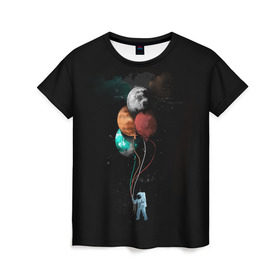 Женская футболка 3D с принтом Космонавт с шариками в Петрозаводске, 100% полиэфир ( синтетическое хлопкоподобное полотно) | прямой крой, круглый вырез горловины, длина до линии бедер | cat | elon | galaxy | mars | moon | musk | nasa | space | spacex | вселенная | галактика | звезды | илон | космонавт | космос | луна | марс | маск | наса | скафандр