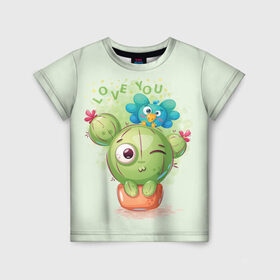 Детская футболка 3D с принтом LOVE YOU в Петрозаводске, 100% гипоаллергенный полиэфир | прямой крой, круглый вырез горловины, длина до линии бедер, чуть спущенное плечо, ткань немного тянется | Тематика изображения на принте: bird | bright | cactus | fun | funny | веселый | кактус | прикольный | птичка | яркий забавный