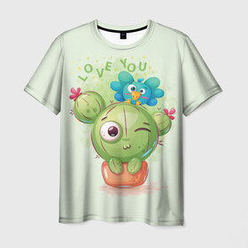 Мужская футболка 3D с принтом LOVE YOU в Петрозаводске, 100% полиэфир | прямой крой, круглый вырез горловины, длина до линии бедер | Тематика изображения на принте: bird | bright | cactus | fun | funny | веселый | кактус | прикольный | птичка | яркий забавный