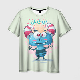 Мужская футболка 3D с принтом HELLO в Петрозаводске, 100% полиэфир | прямой крой, круглый вырез горловины, длина до линии бедер | bright | cute monsters | fun | funny | веселый | милый монстрик | прикольный | яркий забавный
