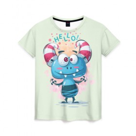 Женская футболка 3D с принтом HELLO в Петрозаводске, 100% полиэфир ( синтетическое хлопкоподобное полотно) | прямой крой, круглый вырез горловины, длина до линии бедер | bright | cute monsters | fun | funny | веселый | милый монстрик | прикольный | яркий забавный