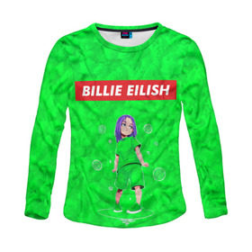 Женский лонгслив 3D с принтом BILLIE EILISH GREEN в Петрозаводске, 100% полиэстер | длинные рукава, круглый вырез горловины, полуприлегающий силуэт | bad guy | billie | eilish | ocean eyes | айлиш | билли | девушка | певица | эйлиш