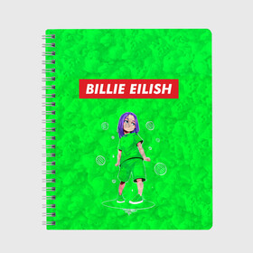 Тетрадь с принтом BILLIE EILISH GREEN в Петрозаводске, 100% бумага | 48 листов, плотность листов — 60 г/м2, плотность картонной обложки — 250 г/м2. Листы скреплены сбоку удобной пружинной спиралью. Уголки страниц и обложки скругленные. Цвет линий — светло-серый
 | Тематика изображения на принте: bad guy | billie | eilish | ocean eyes | айлиш | билли | девушка | певица | эйлиш