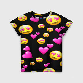Детская футболка 3D с принтом ВЛЮБЛЕННЫЕ СМАЙЛИКИ в Петрозаводске, 100% гипоаллергенный полиэфир | прямой крой, круглый вырез горловины, длина до линии бедер, чуть спущенное плечо, ткань немного тянется | emoji | настроение | позитив | смайлики | смайлы | стикеры | текстура смайл | улыбки | фон смайл | эмодзи