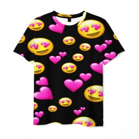 Мужская футболка 3D с принтом ВЛЮБЛЕННЫЕ СМАЙЛИКИ в Петрозаводске, 100% полиэфир | прямой крой, круглый вырез горловины, длина до линии бедер | emoji | настроение | позитив | смайлики | смайлы | стикеры | текстура смайл | улыбки | фон смайл | эмодзи