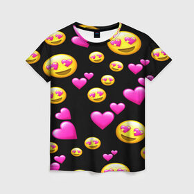 Женская футболка 3D с принтом ВЛЮБЛЕННЫЕ СМАЙЛИКИ в Петрозаводске, 100% полиэфир ( синтетическое хлопкоподобное полотно) | прямой крой, круглый вырез горловины, длина до линии бедер | Тематика изображения на принте: emoji | настроение | позитив | смайлики | смайлы | стикеры | текстура смайл | улыбки | фон смайл | эмодзи