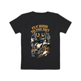 Детская футболка хлопок с принтом fly high to the sky в Петрозаводске, 100% хлопок | круглый вырез горловины, полуприлегающий силуэт, длина до линии бедер | иероглифы | пица | скейт | японские символы