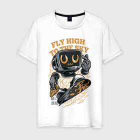Мужская футболка хлопок с принтом fly high to the sky в Петрозаводске, 100% хлопок | прямой крой, круглый вырез горловины, длина до линии бедер, слегка спущенное плечо. | иероглифы | пица | скейт | японские символы