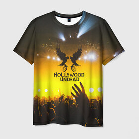 Мужская футболка 3D с принтом HOLLYWOOD UNDEAD в Петрозаводске, 100% полиэфир | прямой крой, круглый вырез горловины, длина до линии бедер | charlie scene | danny | funny man | hollywood undead | j dog | johnny 3 tears | logo | music | rock | альтернатива | металл | музыка | музыкальный | рок