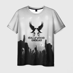 Мужская футболка 3D с принтом HOLLYWOOD UNDEAD в Петрозаводске, 100% полиэфир | прямой крой, круглый вырез горловины, длина до линии бедер | charlie scene | danny | funny man | hollywood undead | j dog | johnny 3 tears | logo | music | rock | альтернатива | металл | музыка | музыкальный | рок