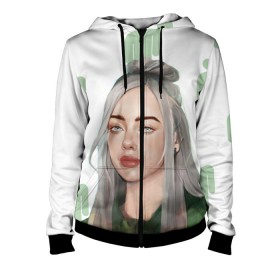 Женская толстовка 3D на молнии с принтом BILLIE EILISH в Петрозаводске, 100% полиэстер | длина до линии бедра, манжеты и пояс оформлены мягкой тканевой резинкой, двухслойный капюшон со шнурком для регулировки, спереди молния, по бокам два кармана | bad guy | billie | eilish | ocean eyes | айлиш | билли | девушка | певица | эйлиш