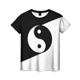 Женская футболка 3D с принтом Инь - янь (#1) в Петрозаводске, 100% полиэфир ( синтетическое хлопкоподобное полотно) | прямой крой, круглый вырез горловины, длина до линии бедер | black | signs | white. | ying   yang | белый | знаки | инь   янь | чёрный