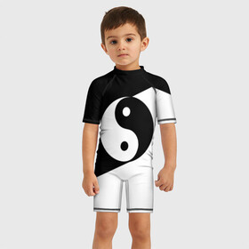 Детский купальный костюм 3D с принтом Инь - янь (#1) в Петрозаводске, Полиэстер 85%, Спандекс 15% | застежка на молнии на спине | Тематика изображения на принте: black | signs | white. | ying   yang | белый | знаки | инь   янь | чёрный
