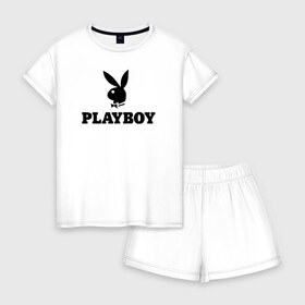 Женская пижама с шортиками хлопок с принтом Playboy в Петрозаводске, 100% хлопок | футболка прямого кроя, шорты свободные с широкой мягкой резинкой | brazzers | cекс | merch | new sensations | playboy | private | tushy | бразерс | мерч | плейбой