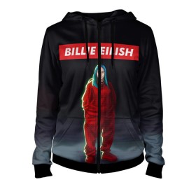 Женская толстовка 3D на молнии с принтом BILLIE EILISH в Петрозаводске, 100% полиэстер | длина до линии бедра, манжеты и пояс оформлены мягкой тканевой резинкой, двухслойный капюшон со шнурком для регулировки, спереди молния, по бокам два кармана | bad guy | billie | eilish | ocean eyes | айлиш | билли | девушка | певица | эйлиш