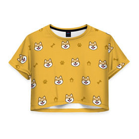 Женская футболка Cropp-top с принтом Сиба-ину. Акита-ину. (Жёлтая) в Петрозаводске, 100% полиэстер | круглая горловина, длина футболки до линии талии, рукава с отворотами | сиба ину