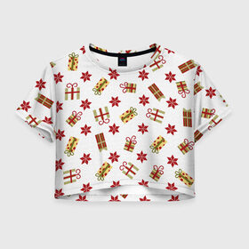 Женская футболка Crop-top 3D с принтом Новогодние Подарки в Петрозаводске, 100% полиэстер | круглая горловина, длина футболки до линии талии, рукава с отворотами | 