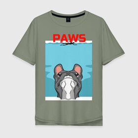 Мужская футболка хлопок Oversize с принтом PAWS в Петрозаводске, 100% хлопок | свободный крой, круглый ворот, “спинка” длиннее передней части | animal | bulldog | cute | dog | jaws | paws | pet | pog | sea | swim | бульдог | лапки | лапы | мопс | море | питомец | собака | челюсти