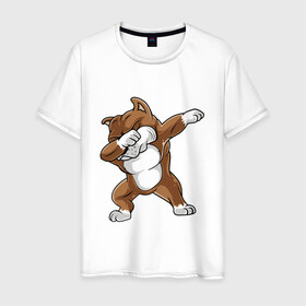 Мужская футболка хлопок с принтом Dabbing Pitbull в Петрозаводске, 100% хлопок | прямой крой, круглый вырез горловины, длина до линии бедер, слегка спущенное плечо. | animal | animals | beast | dab | dabb | dabbing | dog | pitbull | predator | rap | даб | животное | животные | зверь | пес | питбуль | рэп | собака | хищник