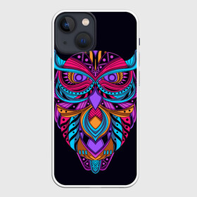 Чехол для iPhone 13 mini с принтом Неоновая сова в Петрозаводске,  |  | beak | bird | bright | feather | freedom | luminous | soaring | takeoff | wings | zoology | взлет | зоология | клюв | крылья | паренье | перо | птица | светящийся | свобода | яркий