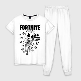 Женская пижама хлопок с принтом FORTNITE MARSHMELLO в Петрозаводске, 100% хлопок | брюки и футболка прямого кроя, без карманов, на брюках мягкая резинка на поясе и по низу штанин | chapter 2 | fortnite | marshmello | диджей | игры | маршмэллоу | молоток | фортнайт