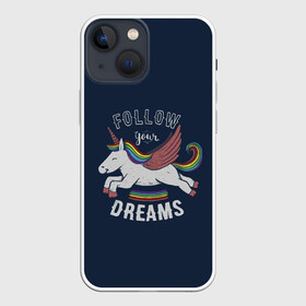 Чехол для iPhone 13 mini с принтом Unicorn. Follow your Dreams в Петрозаводске,  |  | Тематика изображения на принте: care | dream | fantasy | horn | horse | magic | night | rainbow | star | stars | unicorn | единорог | звезда | звезды | инрог | конь | лошадь | магия | мечта | ночь | радуга | рог | фантастика | фентези