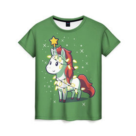 Женская футболка 3D с принтом Magical Unicorn в Петрозаводске, 100% полиэфир ( синтетическое хлопкоподобное полотно) | прямой крой, круглый вырез горловины, длина до линии бедер | 202 | christmas | new year | unicorn | гирлянда | единорог | елка | новый год | праздник | рождество