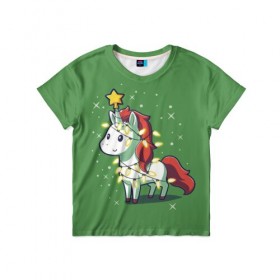 Детская футболка 3D с принтом Magical Unicorn в Петрозаводске, 100% гипоаллергенный полиэфир | прямой крой, круглый вырез горловины, длина до линии бедер, чуть спущенное плечо, ткань немного тянется | 202 | christmas | new year | unicorn | гирлянда | единорог | елка | новый год | праздник | рождество