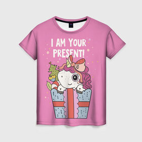 Женская футболка 3D с принтом I am your Present в Петрозаводске, 100% полиэфир ( синтетическое хлопкоподобное полотно) | прямой крой, круглый вырез горловины, длина до линии бедер | 202 | christmas | new year | unicorn | гирлянда | единорог | елка | новый год | подарок | праздник | рождество
