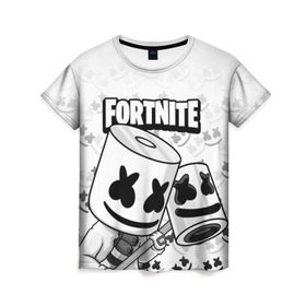 Женская футболка 3D с принтом FORTNITE MARSHMELLO в Петрозаводске, 100% полиэфир ( синтетическое хлопкоподобное полотно) | прямой крой, круглый вырез горловины, длина до линии бедер | chapter 2 | fortnite | marshmello | диджей | игры | маршмэллоу | молоток | фортнайт