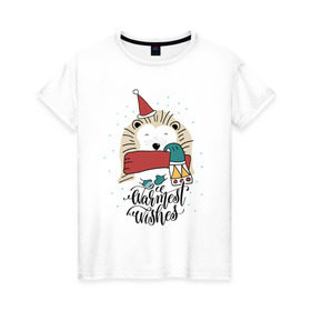 Женская футболка хлопок с принтом Зимний Ежик в Петрозаводске, 100% хлопок | прямой крой, круглый вырез горловины, длина до линии бедер, слегка спущенное плечо | Тематика изображения на принте: 
