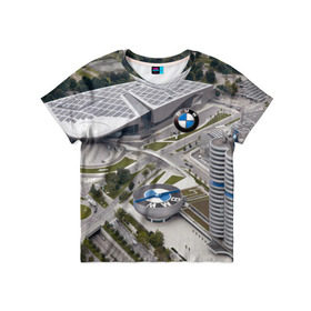 Детская футболка 3D с принтом BMW city в Петрозаводске, 100% гипоаллергенный полиэфир | прямой крой, круглый вырез горловины, длина до линии бедер, чуть спущенное плечо, ткань немного тянется | bmw | buildings | city | germany | munich | prestige | бмв | германия | город | здания | мюнхен | престиж