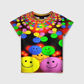 Детская футболка 3D с принтом ЦВЕТНЫЕ СМАЙЛИКИ в Петрозаводске, 100% гипоаллергенный полиэфир | прямой крой, круглый вырез горловины, длина до линии бедер, чуть спущенное плечо, ткань немного тянется | emoji | настроение | позитив | смайлики | смайлы | стикеры | текстура смайл | улыбки | фон смайл | эмодзи