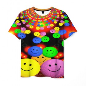 Мужская футболка 3D с принтом ЦВЕТНЫЕ СМАЙЛИКИ в Петрозаводске, 100% полиэфир | прямой крой, круглый вырез горловины, длина до линии бедер | emoji | настроение | позитив | смайлики | смайлы | стикеры | текстура смайл | улыбки | фон смайл | эмодзи
