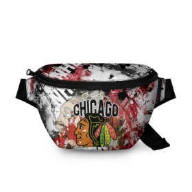 Поясная сумка 3D с принтом Chicago Blackhawks в Петрозаводске, 100% полиэстер | плотная ткань, ремень с регулируемой длиной, внутри несколько карманов для мелочей, основное отделение и карман с обратной стороны сумки застегиваются на молнию | blackhawks | chicago | chicago blackhawks | hockey | nhl | usa | блэкхокс | нхл | спорт | сша | хоккей | чикаго | чикаго блэкхокс | шайба