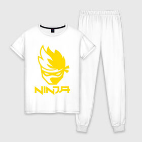 Женская пижама хлопок с принтом FORTNITE NINJA в Петрозаводске, 100% хлопок | брюки и футболка прямого кроя, без карманов, на брюках мягкая резинка на поясе и по низу штанин | fnchap2 | fortnite | fortnite 2 | fortnite x | marshmello | ninja | ninja hyper streamer | ninja streamer | streamer | tyler blevins | маршмелло | ниндзя | фортнайт | фортнайт 2 | фортнайт глава 2