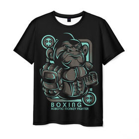 Мужская футболка 3D с принтом Gorilla fighter в Петрозаводске, 100% полиэфир | прямой крой, круглый вырез горловины, длина до линии бедер | boxing | cool | fighter | fist | glove | gorilla | monkey | power | punch | robot | боец | бокс | горилла | крутая | кулак | обезьяна | перчатка | робот | сила | удар
