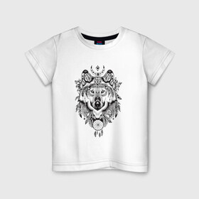 Детская футболка хлопок с принтом Волк в Петрозаводске, 100% хлопок | круглый вырез горловины, полуприлегающий силуэт, длина до линии бедер | волк | ловец снов | перья | сон