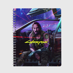 Тетрадь с принтом CYBERPUNK 2077 - КИАНУ в Петрозаводске, 100% бумага | 48 листов, плотность листов — 60 г/м2, плотность картонной обложки — 250 г/м2. Листы скреплены сбоку удобной пружинной спиралью. Уголки страниц и обложки скругленные. Цвет линий — светло-серый
 | 2077 | cyber | cyberpunk | demon | glitch | keanu | logo | punk | reeves | samurai | symbol | team | trauma | глитч | демон | киану | кибер | киберпанк | клан | лого | логотип | огонь | панк | ривз | самурай | символ