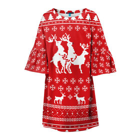 Детское платье 3D с принтом СВИТЕР С ОЛЕНЯМИ в Петрозаводске, 100% полиэстер | прямой силуэт, чуть расширенный к низу. Круглая горловина, на рукавах — воланы | christmas | new year | winter | дед мороз | зима | ирония | клауз | клаус | новый год | олени | подарки | рождество | санта | сарказм | свитер с оленями | снег