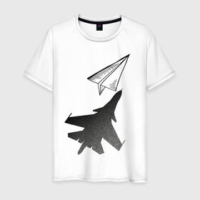 Мужская футболка хлопок с принтом Внешность обманчива в Петрозаводске, 100% хлопок | прямой крой, круглый вырез горловины, длина до линии бедер, слегка спущенное плечо. | бумажный | оригами | самолёт | самолётик | тень | чсв