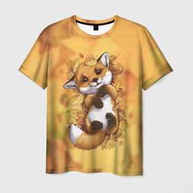 Мужская футболка 3D с принтом Осенний лисёнок в Петрозаводске, 100% полиэфир | прямой крой, круглый вырез горловины, длина до линии бедер | fox | лис | лиса | лисёнок | лисичка | листва | листья | осень | рыжая