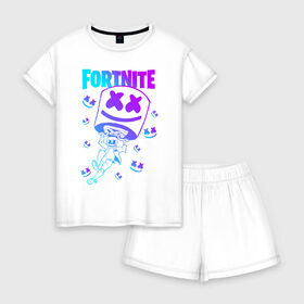 Женская пижама с шортиками хлопок с принтом FORTNITE x MARSHMELLO в Петрозаводске, 100% хлопок | футболка прямого кроя, шорты свободные с широкой мягкой резинкой | fortnite | fortnite 2 | fortnite x | marshmello | ninja | ninja hyper streamer | ninja streamer | streamer | tyler blevins | маршмелло | ниндзя | фортнайт | фортнайт 2 | фортнайт глава 2