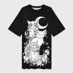 Платье-футболка 3D с принтом Котики в Петрозаводске,  |  | котики | полумесяц | розы | цветы | черно белое
