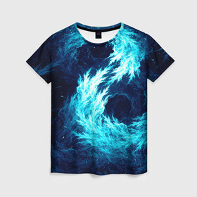 Женская футболка 3D с принтом Abstract fractal blue flame в Петрозаводске, 100% полиэфир ( синтетическое хлопкоподобное полотно) | прямой крой, круглый вырез горловины, длина до линии бедер | abstract | colors | dark | flame | fractal | space | абстракция | космос | краски | огонь | пламя | тёмный | фрактал