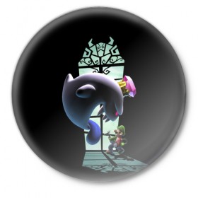 Значок с принтом Luigis Mansion в Петрозаводске,  металл | круглая форма, металлическая застежка в виде булавки | Тематика изображения на принте: game | luigis mansion | mario | nintendo | видеоигра | игра | луиджи | марио | привидение | призрак