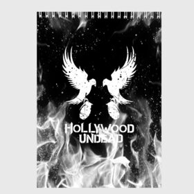 Скетчбук с принтом HOLLYWOOD UNDEAD в Петрозаводске, 100% бумага
 | 48 листов, плотность листов — 100 г/м2, плотность картонной обложки — 250 г/м2. Листы скреплены сверху удобной пружинной спиралью | Тематика изображения на принте: deuce | hollywood undead | hu | j dog | shady jeff | голливуд | голливудская нежить | даниэль мурильо | джордан террелл | джордж артур рейган | дилан альварес | мэттью сент клер | нежить