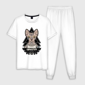 Мужская пижама хлопок с принтом кот сфинкс гангстер в Петрозаводске, 100% хлопок | брюки и футболка прямого кроя, без карманов, на брюках мягкая резинка на поясе и по низу штанин
 | гангста | гангстер | кот | крутой | стиль | сфинкс