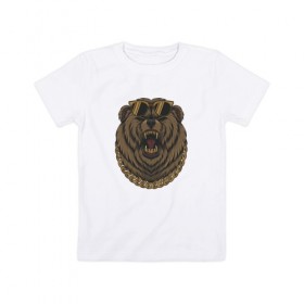 Детская футболка хлопок с принтом медведь гангстер крутой с цепь в Петрозаводске, 100% хлопок | круглый вырез горловины, полуприлегающий силуэт, длина до линии бедер | гангстер | животные | медведь | оскал | стиль | цепь