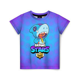 Детская футболка 3D с принтом BRAWL STARS LEON SHARK в Петрозаводске, 100% гипоаллергенный полиэфир | прямой крой, круглый вырез горловины, длина до линии бедер, чуть спущенное плечо, ткань немного тянется | brawl stars | bull | colt | crow | leon | leon shark | shark | stars | акула | берли | ворон | динамайк | кольт | леон | леон акула | нита | спайк | шелли | эль примо